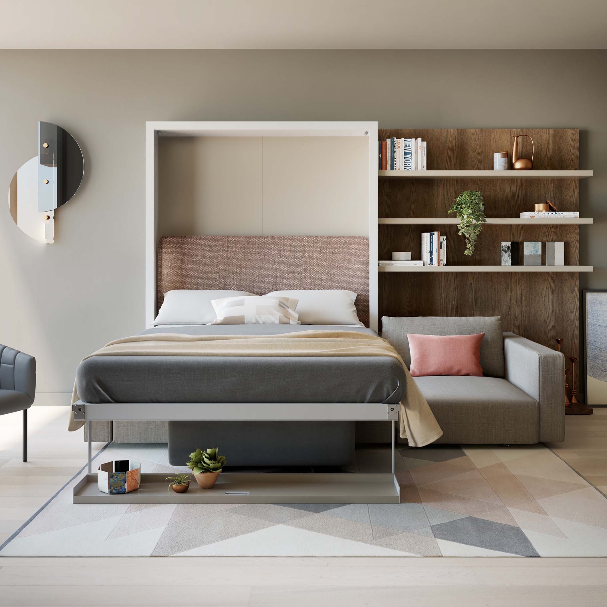 Swing Chaise transforming murphy bed open with queen mattress and chaise lounge in contemporary space-saving design.