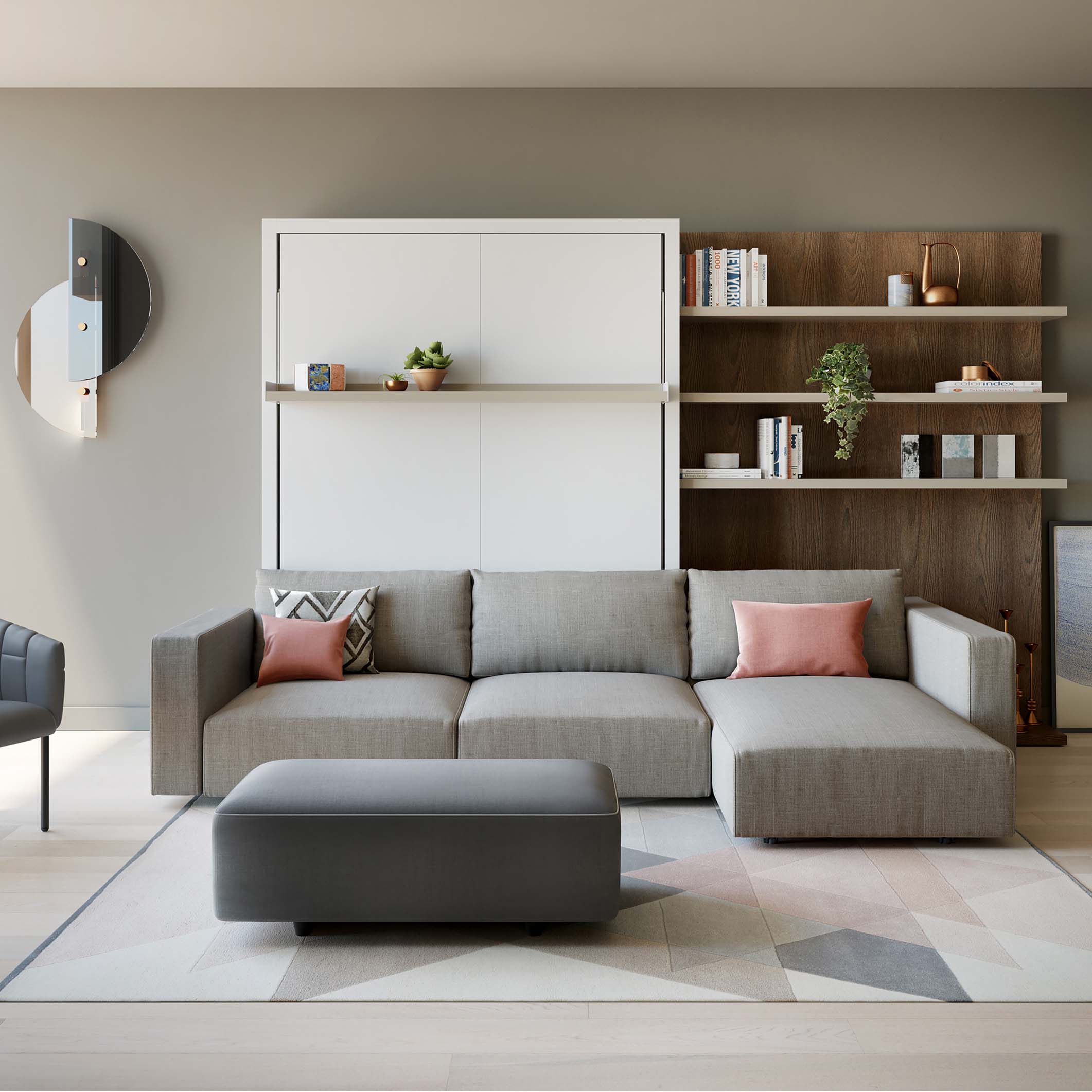 Modern Swing Chaise sectional sofa in a multifunctional living room with built-in wall bed and open shelving.