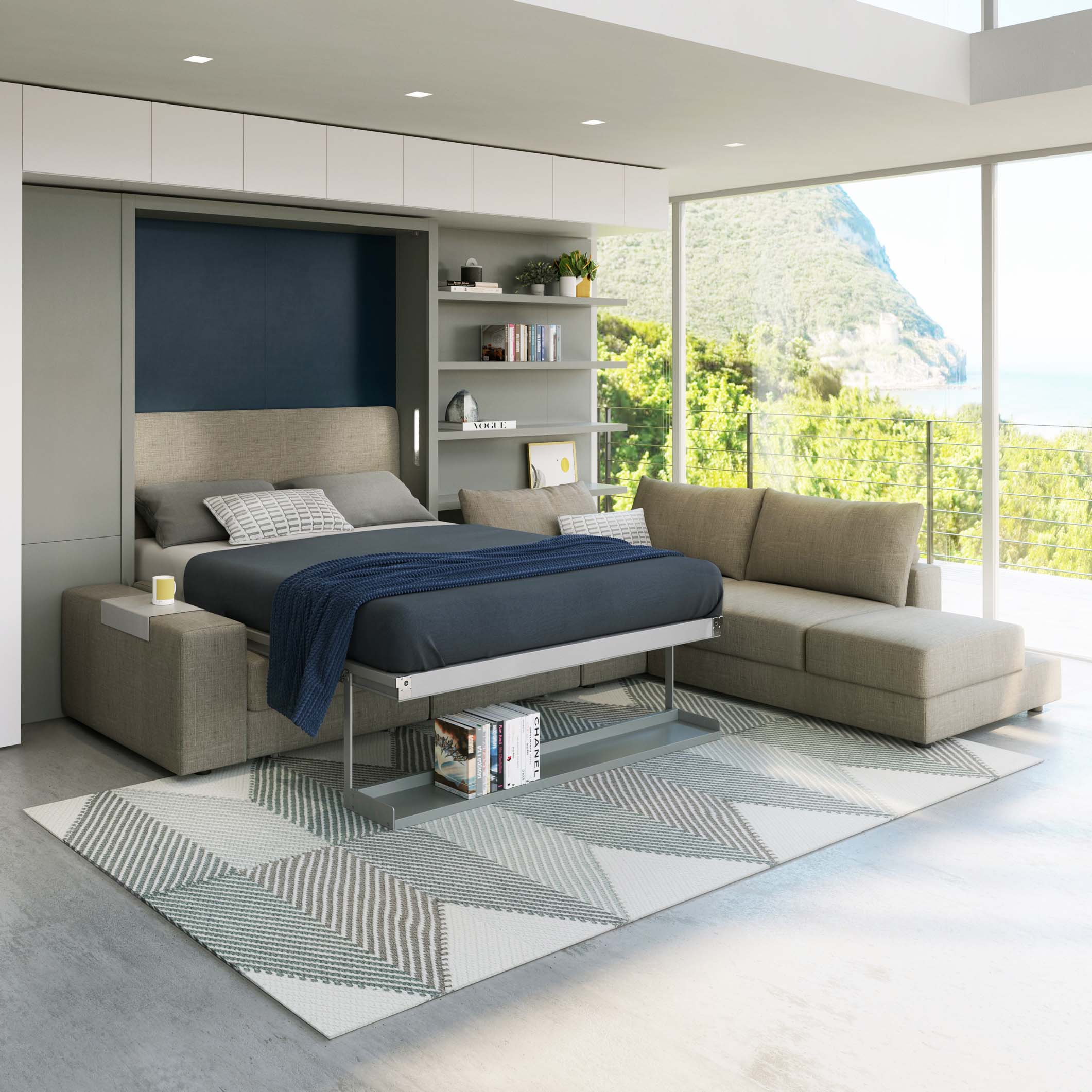Tango Sectional Murphy bed shown open in bright contemporary living space with ocean view.