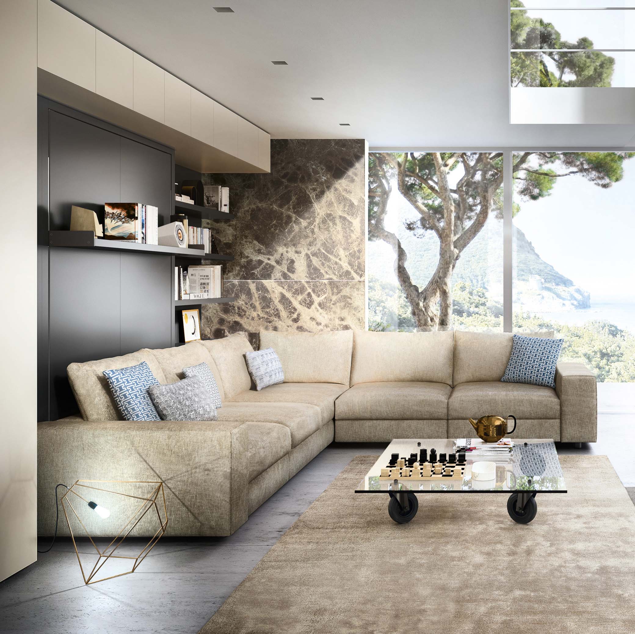 Tango Sectional Murphy bed closed, with beige L-shaped sofa, marble accent wall, and built-in shelving in luxury interior.
