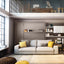 Modern living room with Italian-designed Tango wall bed system featuring a built-in sofa, surrounded by modular shelving—ideal for small space living and multifunctional interiors.