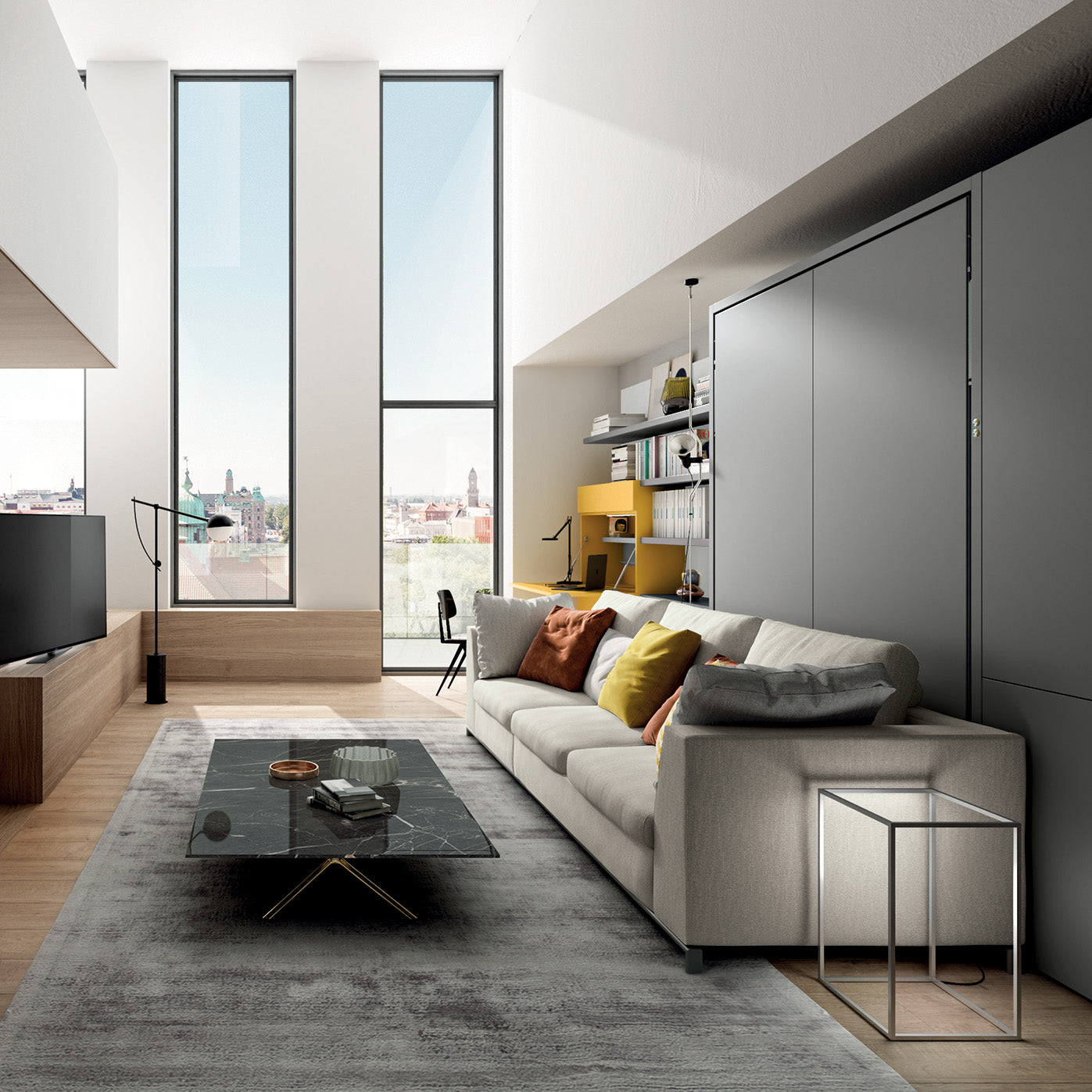 Tonale Sectional wall bed system in the closed position, integrated into a high-ceiling loft with a plush modular sofa and built-in shelving—designed for modern small-space living.