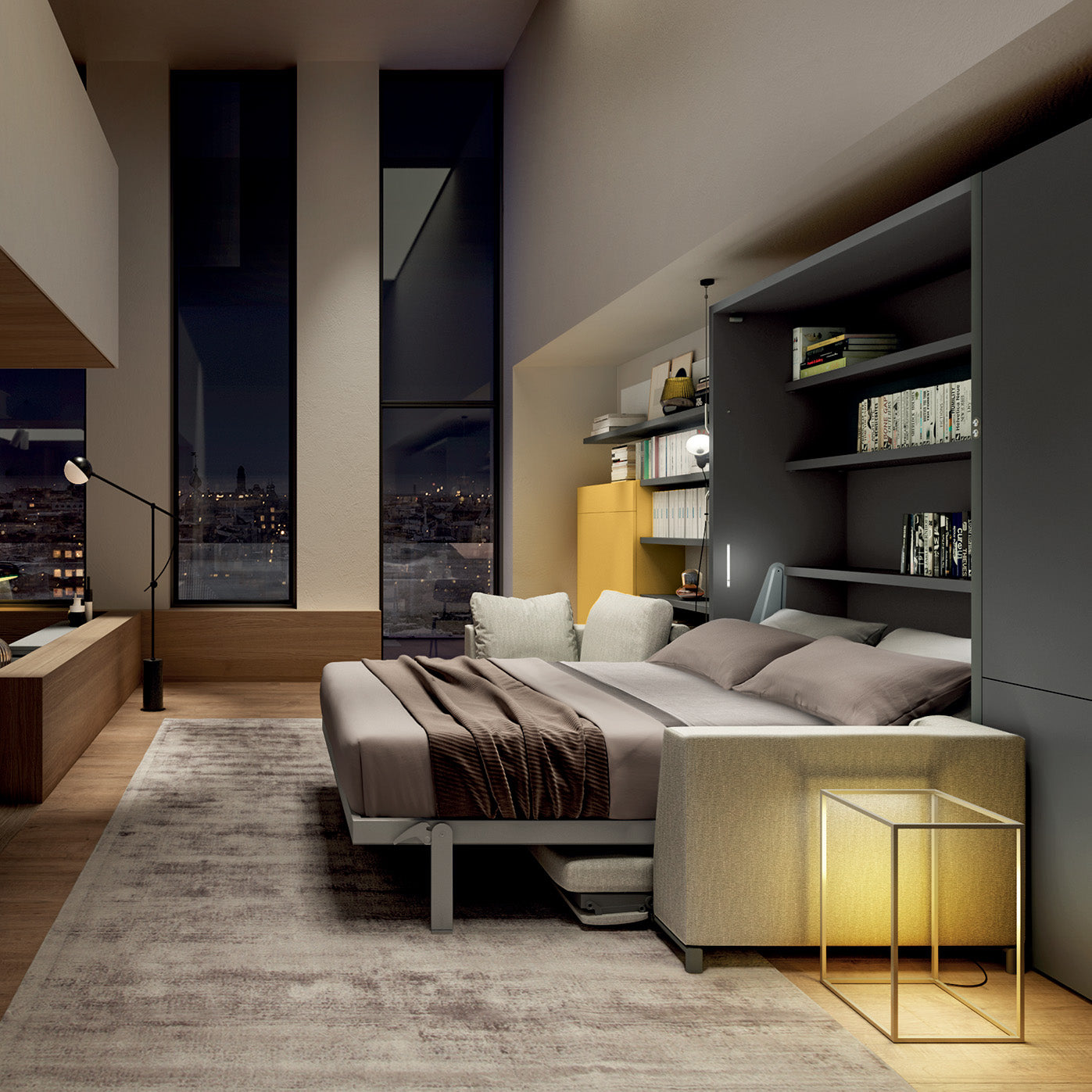 Tonale Sectional wall bed in fully extended position at night, blending elegant bedding and integrated shelving in a modern loft with warm, ambient lighting.