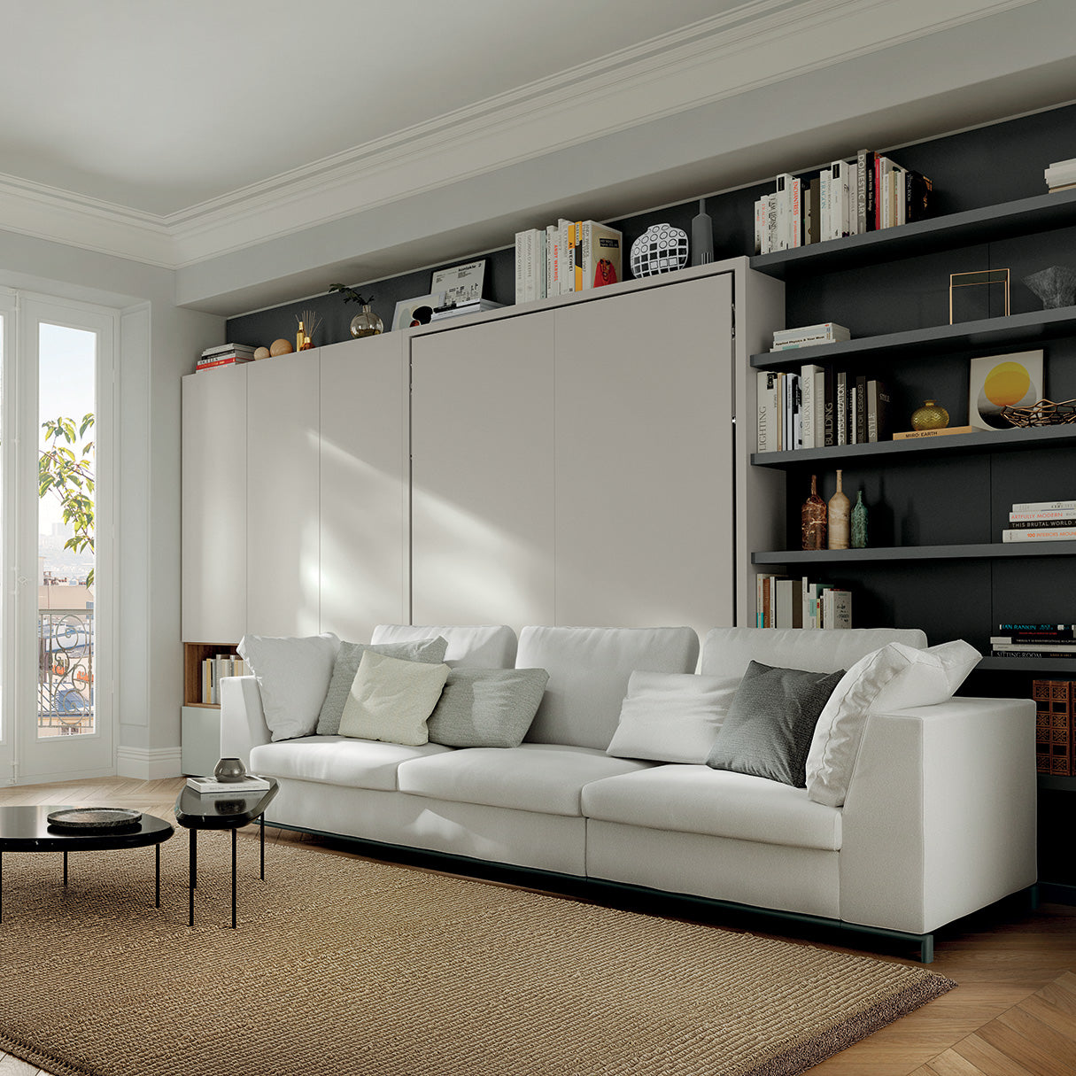 Tonale wall bed system viewed from an angle, showcasing the sectional sofa and full-height integrated storage—ideal for luxury small-space design.