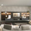 Turati wall-mounted media units with dark wood paneling, integrated LED shelves, and floating cabinetry, styled in a contemporary living room with neutral furnishings.